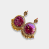Handmade magenta resin earrings with real dried rose petals, gold foil flakes and golden bead fringe
