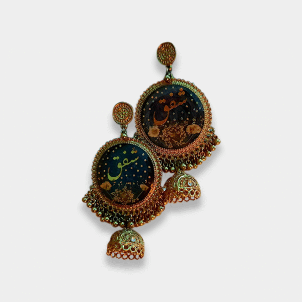 Personalized Urdu name resin earrings with green-gold calligraphy, real dried flowers and antique gold bells
